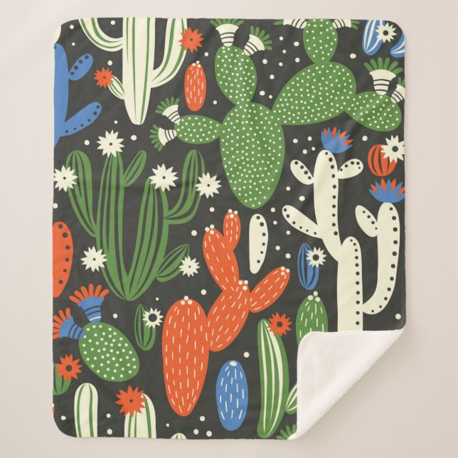 Nahtloses Muster mit Kaktus auf schwarzem Hintergr Sherpadecke (Vorderseite)