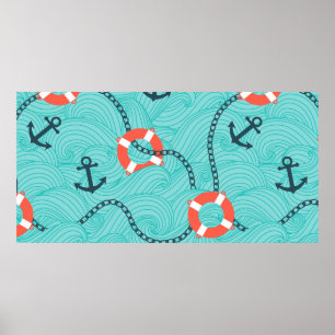 Nahtloses Muster mit nautischen Attributen. Freeha Poster