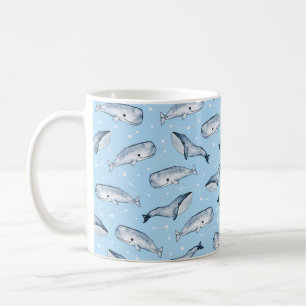 Nahtloses Muster mit niedlichen Walen und Sternen. Kaffeetasse