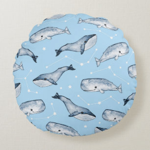 Nahtloses Muster mit niedlichen Walen und Sternen. Rundes Kissen