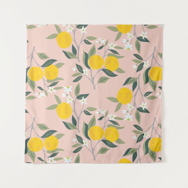 Nahtloses Muster mit Orangenzweigen in Blüte Wandteppich (Vorderseite)