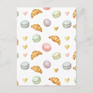 Nahtloses Muster mit Pastell-Macarons und Croissan Postkarte