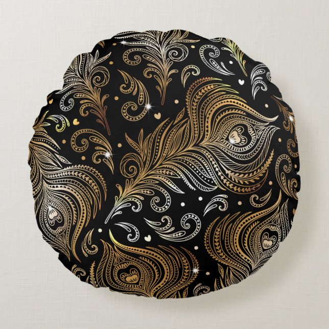 Nahtloses Muster mit Pfauenfedern. Freehand d Rundes Kissen (Vorderseite)