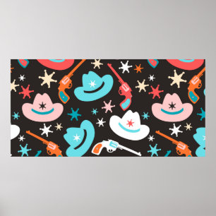 Nahtloses Muster mit Revolvern, Cowboyhütten und s Poster