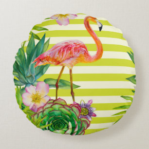 Nahtloses Muster mit rosa Flamingo und exotischem Rundes Kissen