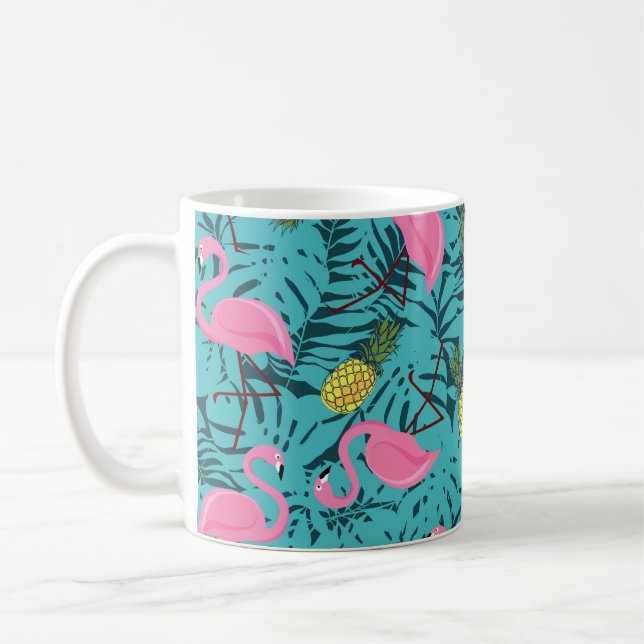 Nahtloses Muster mit rosa Flamingos und grünem Pin Kaffeetasse (Links)