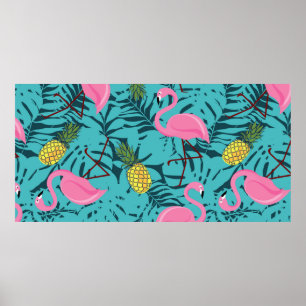 Nahtloses Muster mit rosa Flamingos und grünem Pin Poster