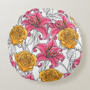 Nahtloses Muster mit Rose und Lilien. Handgezeichn Rundes Kissen