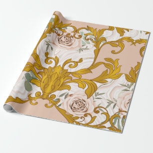 Nahtloses Muster mit Rosen und barocken goldenen E Geschenkpapier