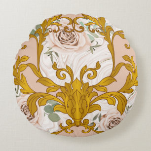 Nahtloses Muster mit Rosen und barocken goldenen E Rundes Kissen