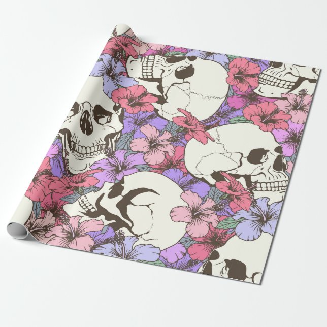 Nahtloses Muster mit Schädelfischen von Blume Geschenkpapier (Ungerollt)