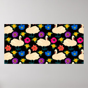 Nahtloses Muster mit Schwänen und Blume, Hand geze Poster