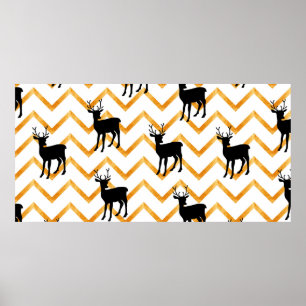 Nahtloses Muster mit schwarzem Hirsch und Goldstru Poster