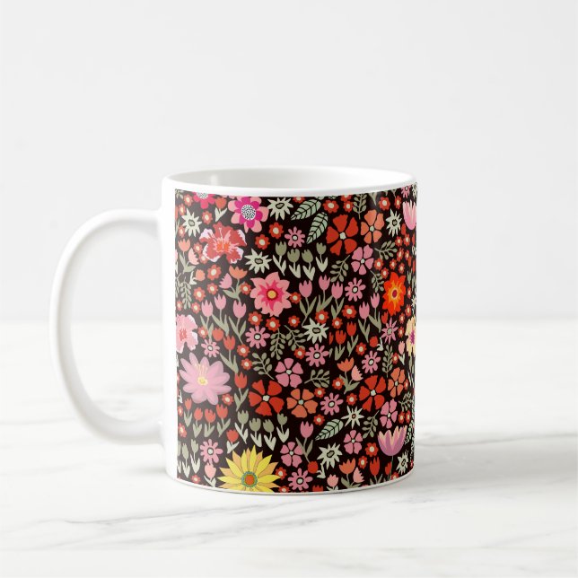 Nahtloses Muster mit Sonnenblumen, Tulpen Kaffeetasse (Links)