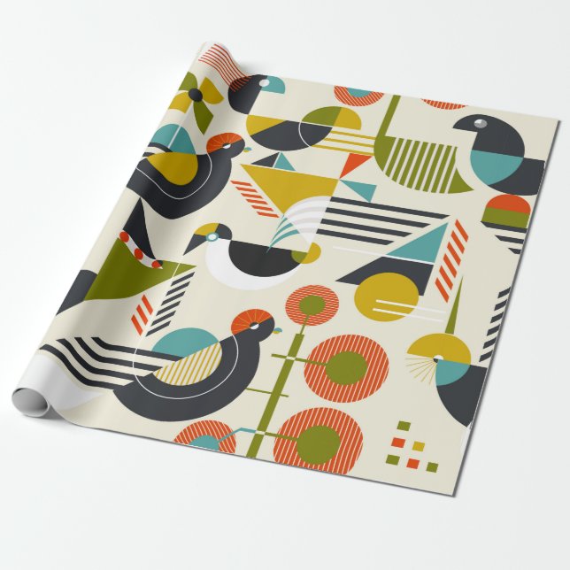 Nahtloses Muster mit stilisierten Vögeln in Retro  Geschenkpapier (Ungerollt)