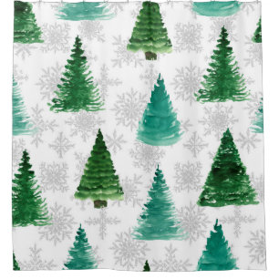 Nahtloses Muster mit Tannenbaum und Schneeflocken. Duschvorhang