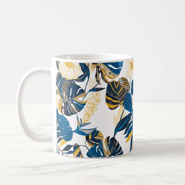 Nahtloses Muster mit tropischen Blätter und Blume Kaffeetasse (Links)