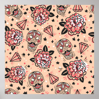 Nahtloses Muster mit Vintagen Rose, Diamanten und Poster