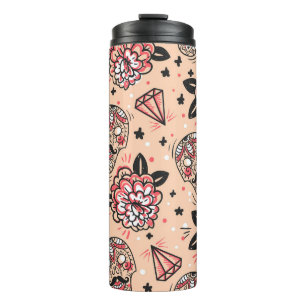 Nahtloses Muster mit Vintagen Rose, Diamanten und Thermosbecher