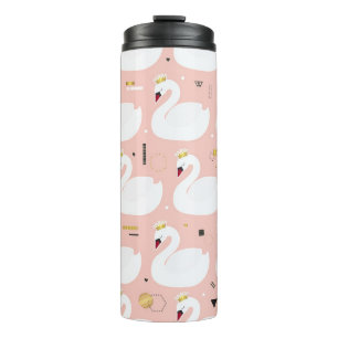Nahtloses Muster mit weißen Schwänen. Thermosbecher