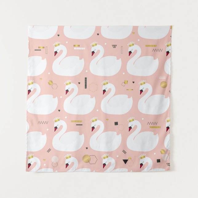 Nahtloses Muster mit weißen Schwänen. Wandteppich (Vorderseite)