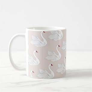 Nahtloses Muster mit weißen Schwänen. Weißer Vogel Kaffeetasse