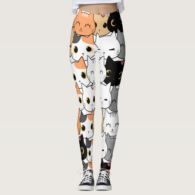 Nahtloses Muster Niedlich Kawaii Cats Herzlinie Leggings (Vorderseite)