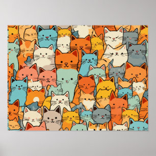 Nahtloses Muster Niedlich Kawaii Cats Poster