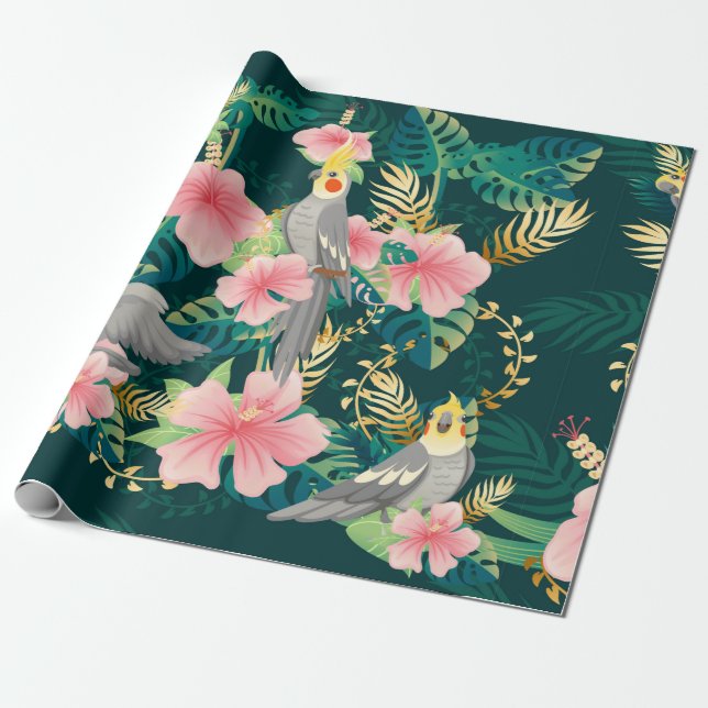 Nahtloses Muster niedlicher Kakatielpapagei sitzt  Geschenkpapier (Ungerollt)