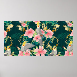 Nahtloses Muster niedlicher Kakatielpapagei sitzt  Poster