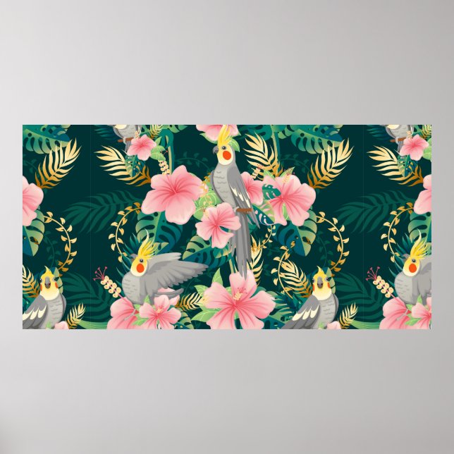 Nahtloses Muster niedlicher Kakatielpapagei sitzt  Poster (Vorne)