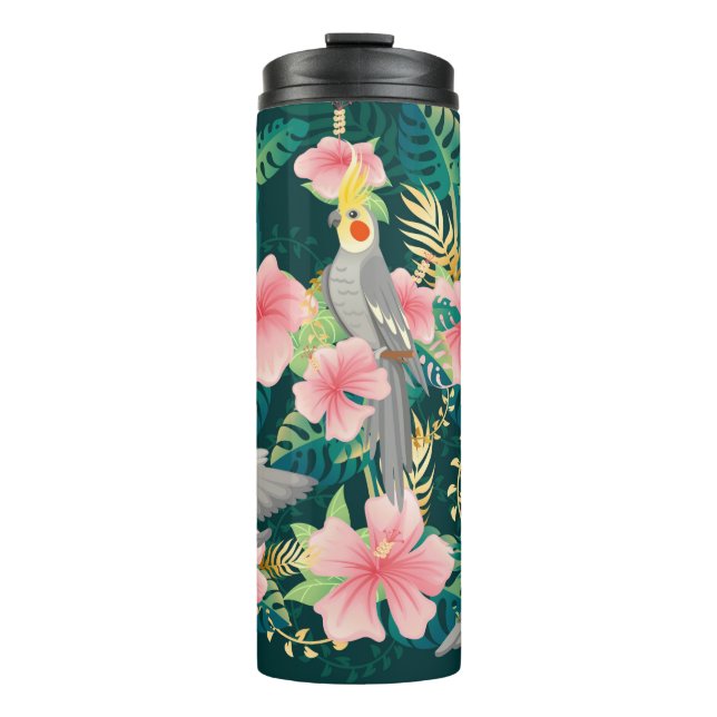 Nahtloses Muster niedlicher Kakatielpapagei sitzt  Thermosbecher (Vorderseite)