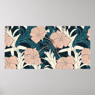 Nahtloses Muster tropisch mit rosa Hibiskus geflog Poster
