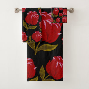 Nahtloses Muster von rote Rosen auf schwarzem Hint Badhandtuch Set
