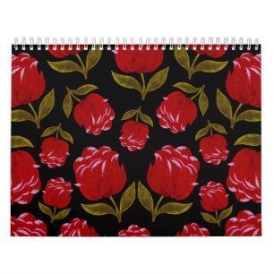 Nahtloses Muster von rote Rosen auf schwarzem Hint Kalender