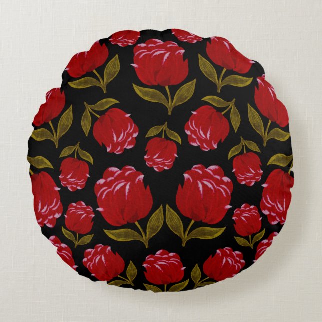 Nahtloses Muster von rote Rosen auf schwarzem Hint Rundes Kissen (Vorderseite)