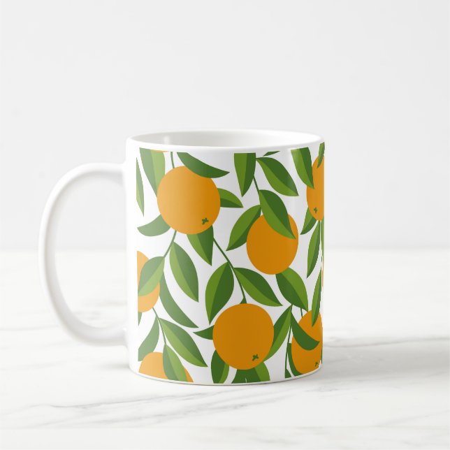 Nahtloses orangefarbenes Baumkunstmuster. Kaffeetasse (Links)