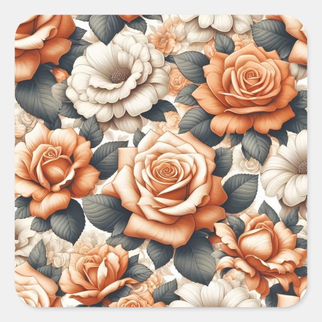 Nahtloses Orangen- und Weißrosenmuster Quadratischer Aufkleber (Vorderseite)