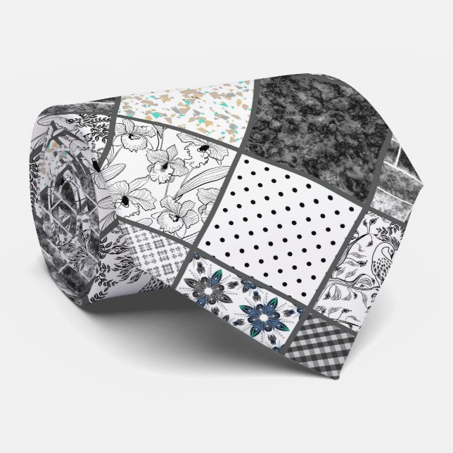 Nahtloses Patchwork Monochrom Schwarz-Weiß-Pflaste Krawatte (Gerollt)