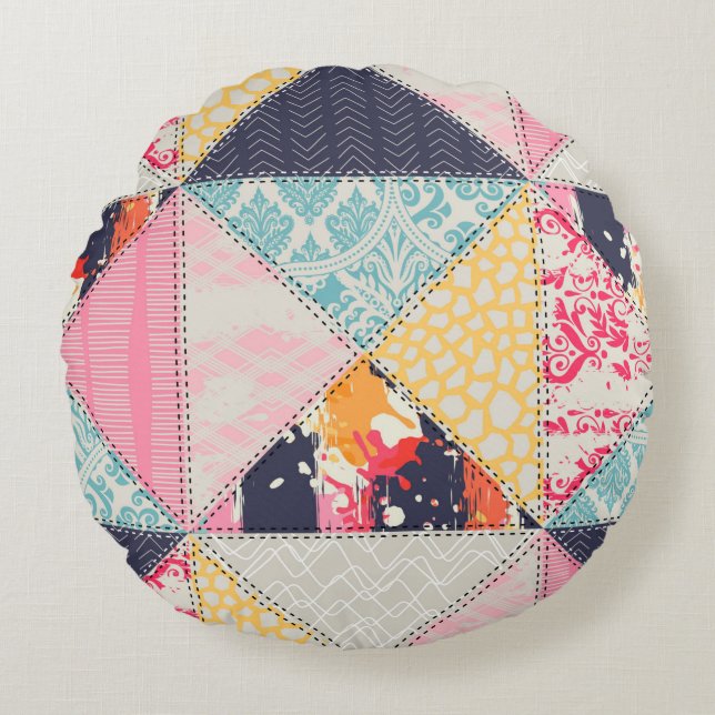 Nahtloses Patchwork-Stilmuster  Rundes Kissen (Vorderseite)