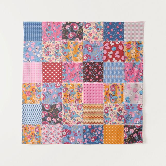 Nahtloses Patchwork, süßes Stoffmuster. Wandteppich (Vorderseite)