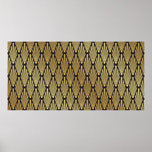 Nahtloses Schwarz und Gold Art Deco Palmenblattmus Poster
