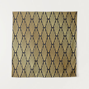 Nahtloses Schwarz und Gold Art Deco Palmenblattmus Wandteppich
