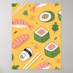 Nahtloses Sushi-Muster – Süßes Japanisches Essen  Poster