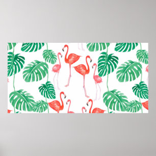 Nahtloses Wasserfarbmuster mit Flamingofamilie w Poster