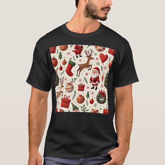 Nahtloses Weihnachtsmuster mit Cartoon Santa Rein T-Shirt (Vorderseite)