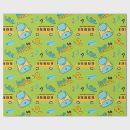 Nahtloses Wrapping Paper: Schulrucksack-Bus-Flugze Geschenkpapier