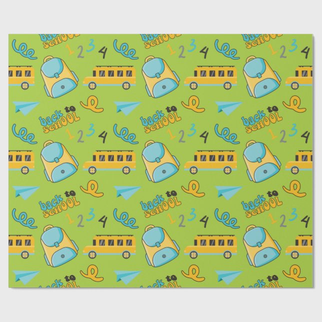 Nahtloses Wrapping Paper: Schulrucksack-Bus-Flugze Geschenkpapier (Flach)
