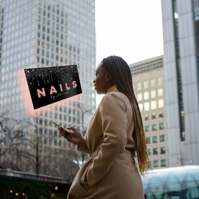 Nail Artist Black Tropfens Beruflich Glitzer Rose Visitenkarte (Nail Artist Black Drips Professional Glitter Rose Business Card)