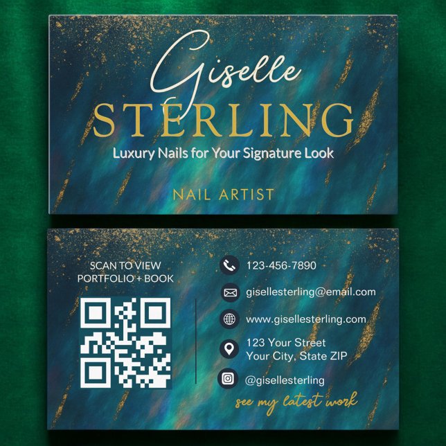 Nail Artist Dark Green Opal Stone QR Code Visitenkarte (Von Creator hochgeladen)